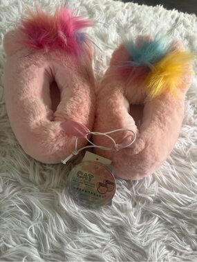 Under One Sky Pink Plush Kids Slippers with Rainbow Pom Poms